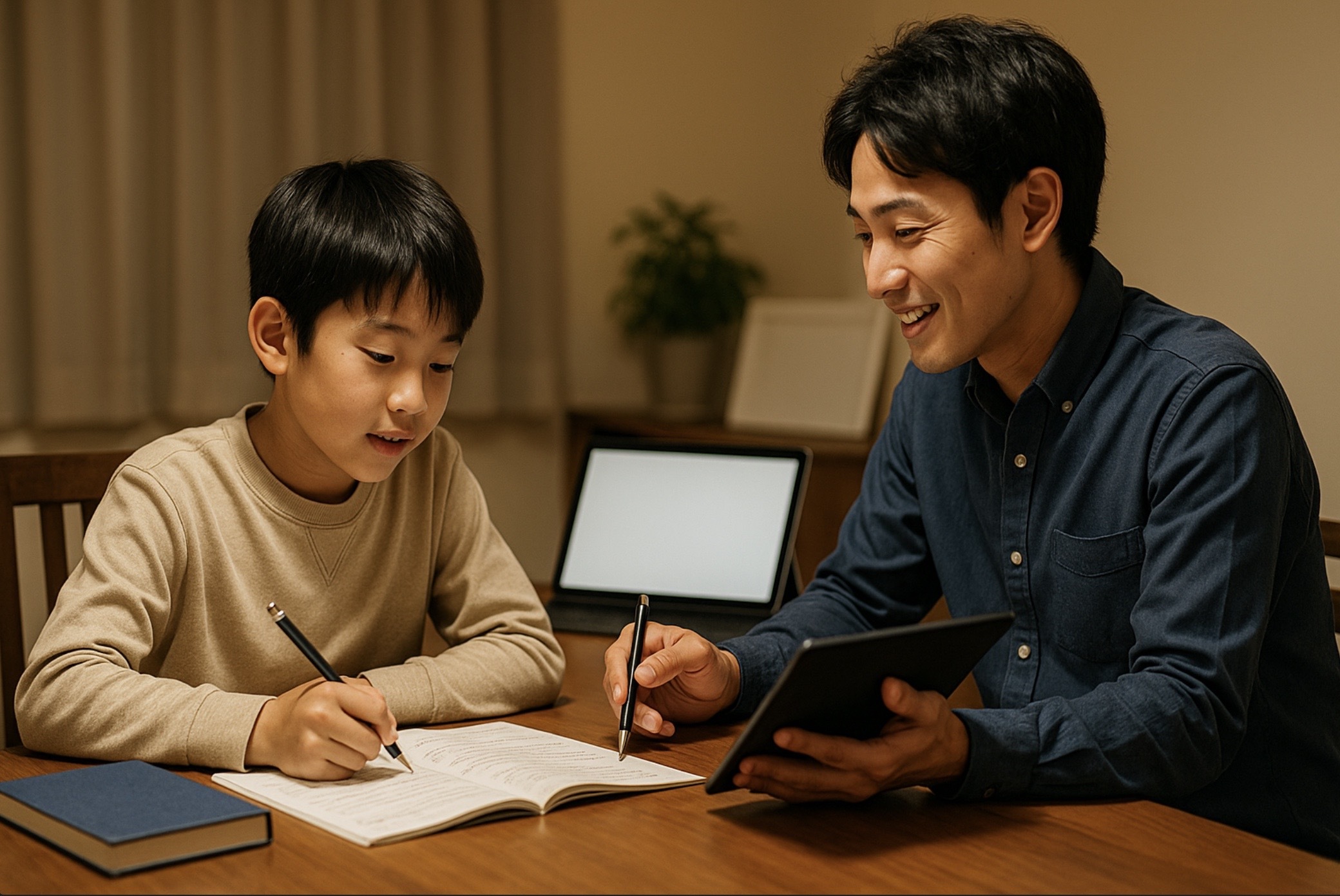 夜の自宅ダイニングで日本人の家庭教師がタブレットとペンを用いて小学生へマンツーマン指導を行い、子どもがノートに書き込みながら学ぶ様子を捉えたイメージ