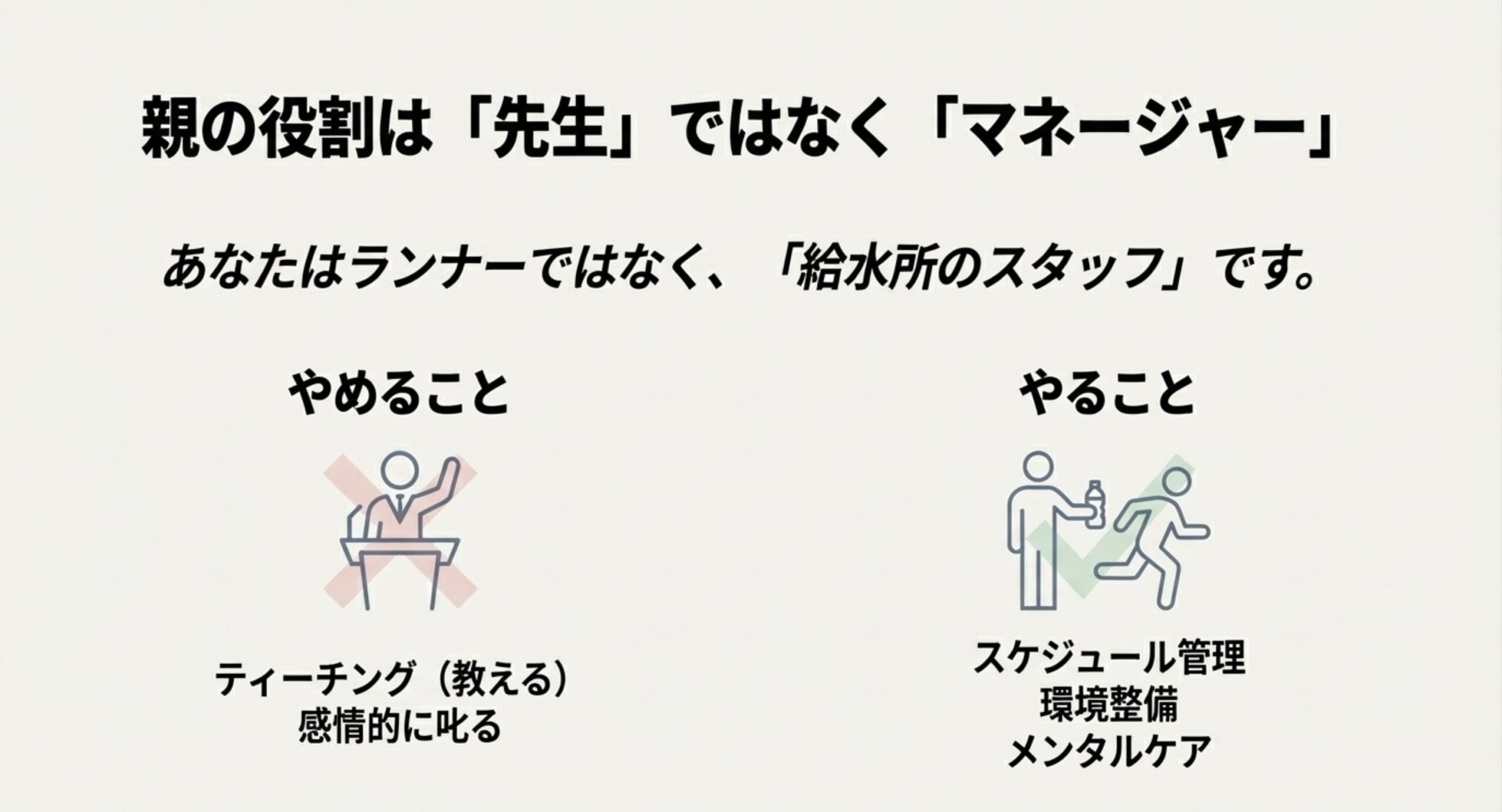 中央に「親の役割は『先生』ではなく『マネージャー』 あなたはランナーではなく、『給水所のスタッフ』です」と書かれ、左に「やめること：ティーチング（教える）、感情的に叱る」、右に「やること：スケジュール管理・環境整備・メンタルケア」と示したスライド