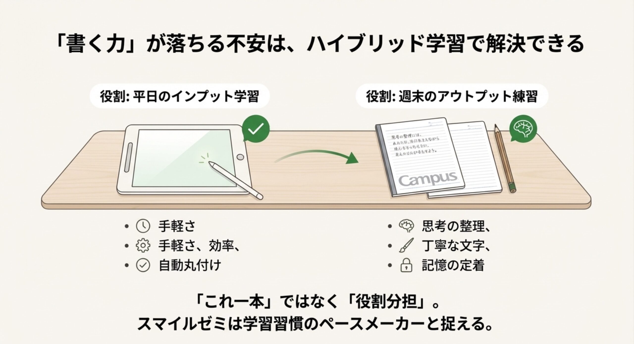 タブレットを平日のインプット学習に、紙のノートを週末のアウトプット練習に使い分ける「役割分担」を示したイラスト。
