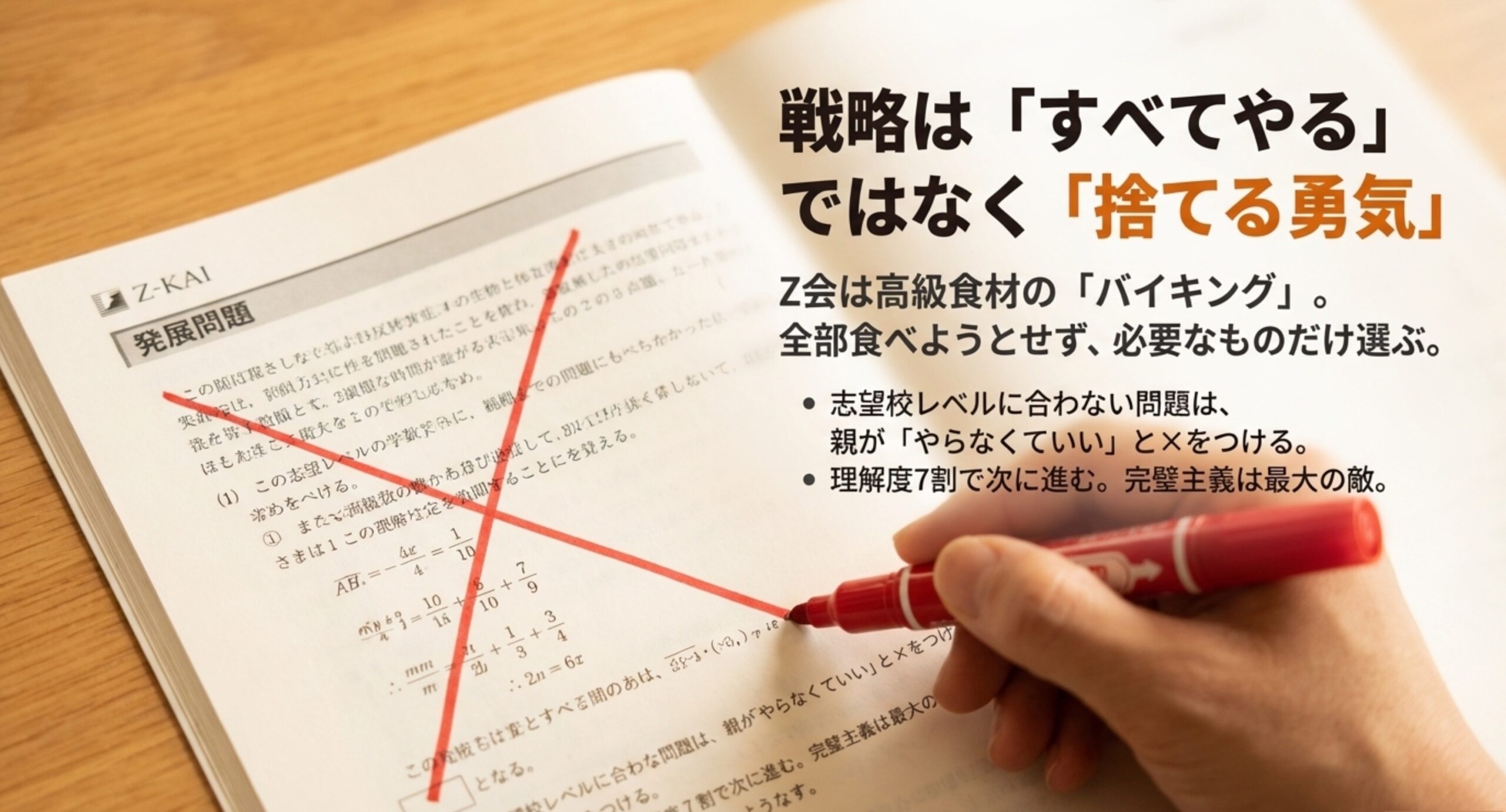 Z会の発展問題に大きな赤いバツ印をつけている写真と、「戦略は『すべてやる』ではなく『捨てる勇気』」「Z会は高級食材のバイキング。全部食べようとせず、必要なものだけ選ぶ」「志望校レベルに合わない問題は親が『やらなくていい』と×をつける」「理解度7割で次に進む。完璧主義は最大の敵」と説明したスライド